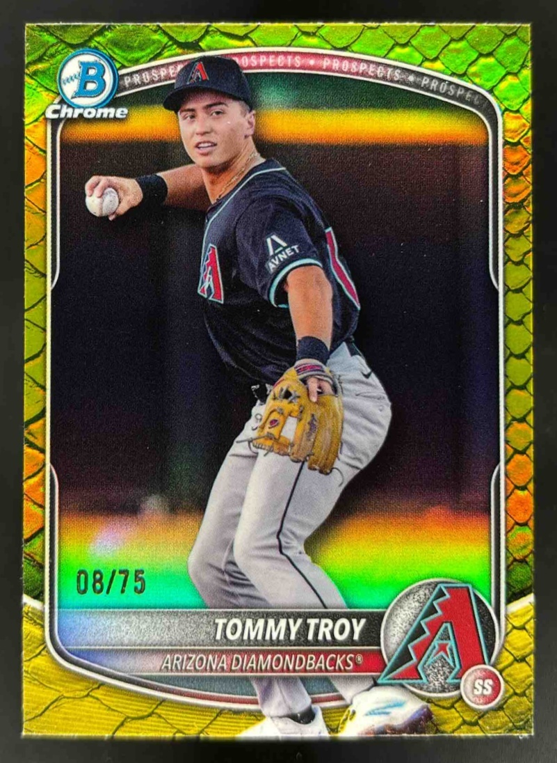 Card image for 2025 Bowman Draft Tommy Troy Chrome Yellow Reptilian Refractor /75