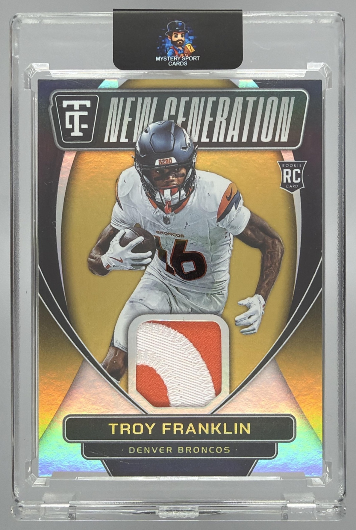 Card image for 2024 Panini Totally Certified Troy Franklin New Generation Jerseys Mirror Platinum Gold /10 #11 Broncos