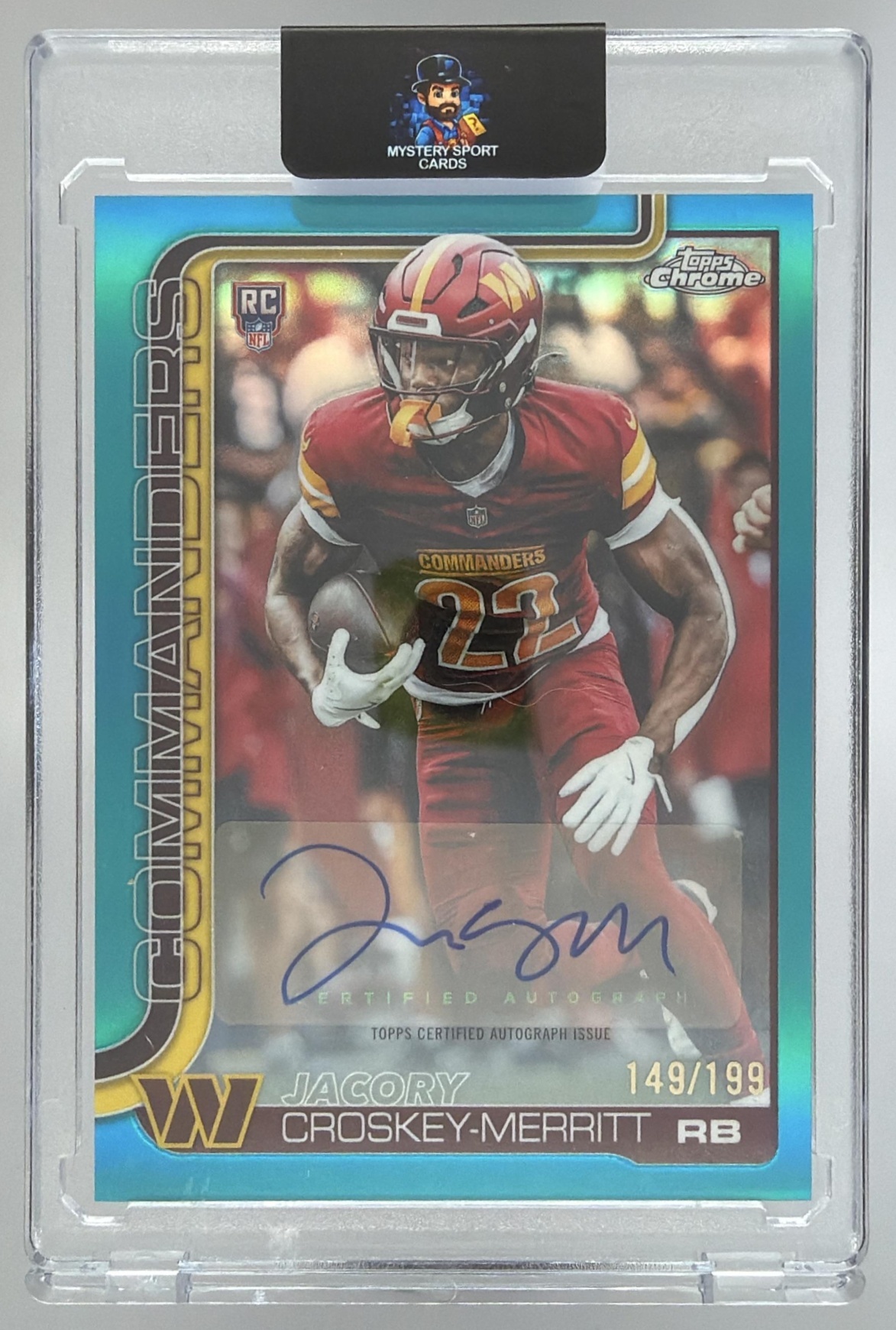 Card image for 2025 Topps Chrome Jacory Croskey-Merritt Rookie Auto Aqua Refractor /199 #RA-JCM RC Commanders