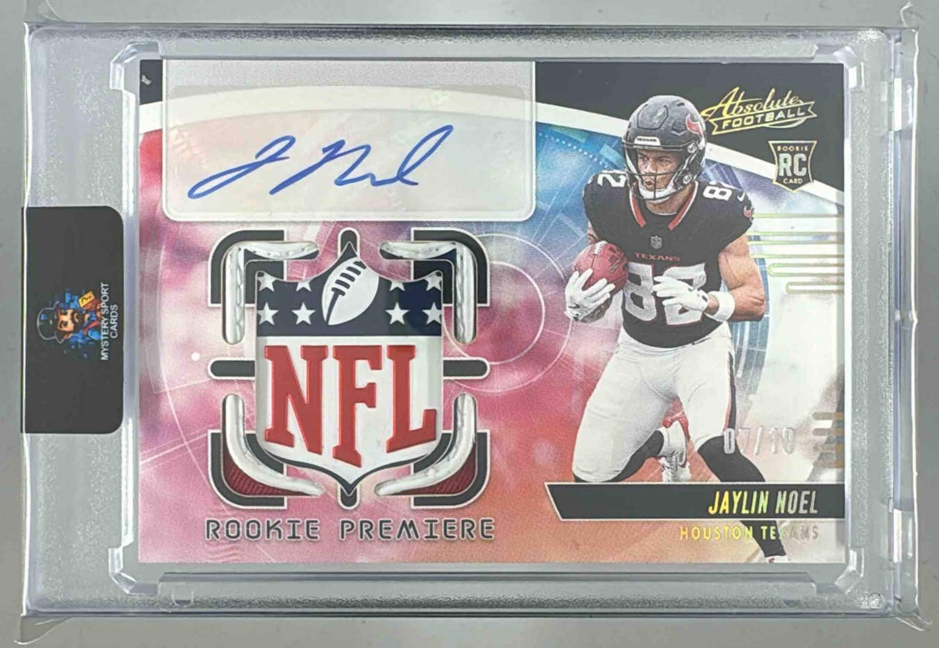 Card image for 2025 Panini Absolute Jaylin Noel Rookie Premiere Materials Autos NFL /10 #RPM-JNL MEM RC Auto Texans