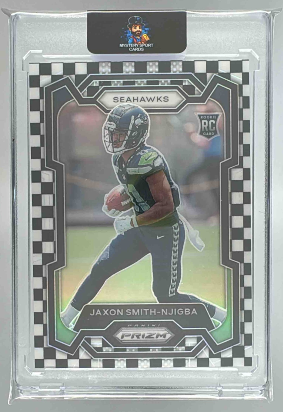 Card image for 2023 Panini Prizm Jaxon Smith-Njigba Black and White Checker #390 RC Seahawks