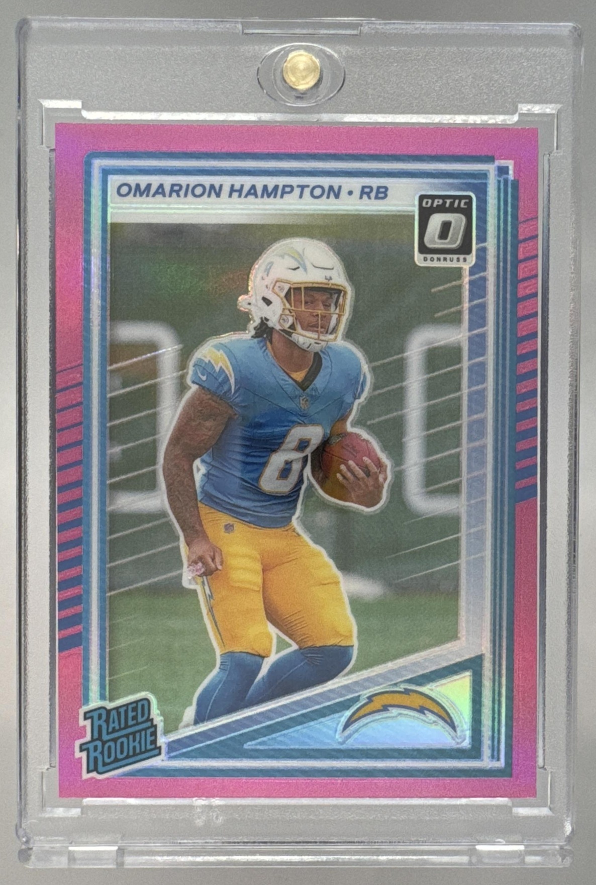 Card image for 2025 Panini Donruss Omarion Hampton Optic Rated Rookie Preview Pink #303 RC Chargers