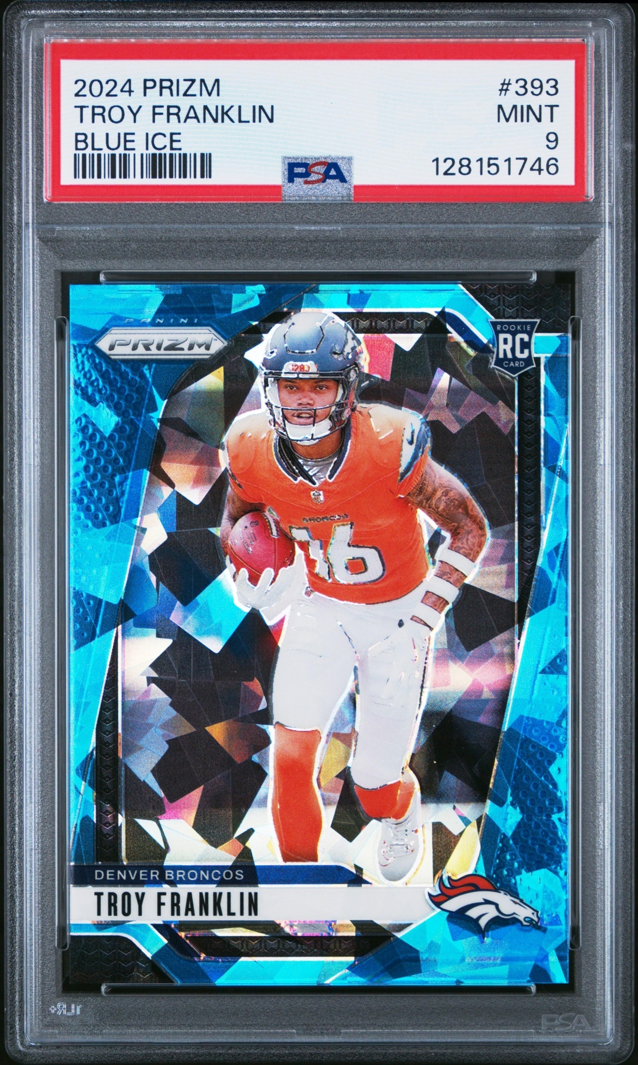 Card image for 2024 Panini Football Prizm Troy Franklin Blue Ice /99 #393 RC Denver Broncos