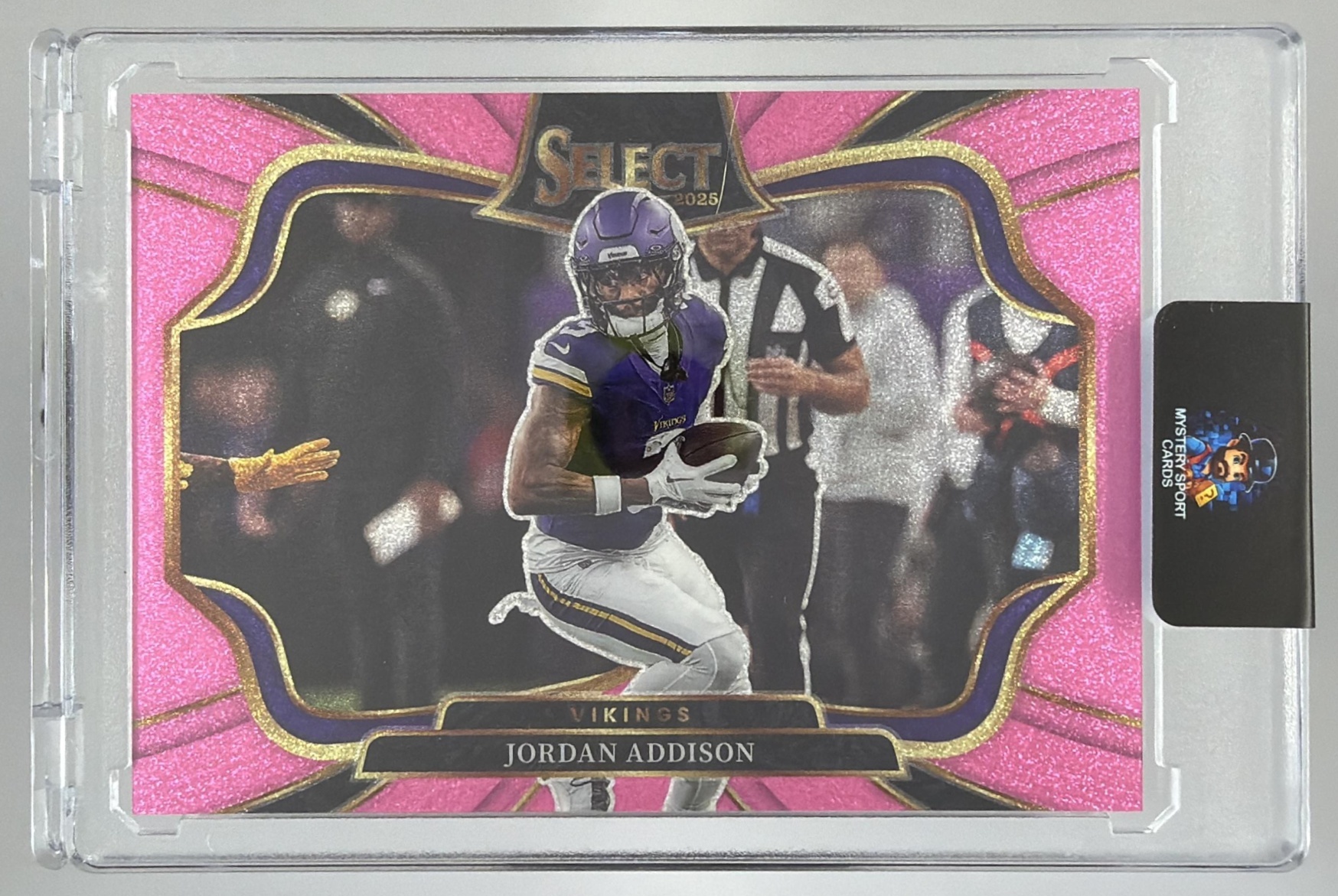 Card image for 2024 Panini Select Jordan Addison Field Pink Glitter Prizm /15 #453 Vikings