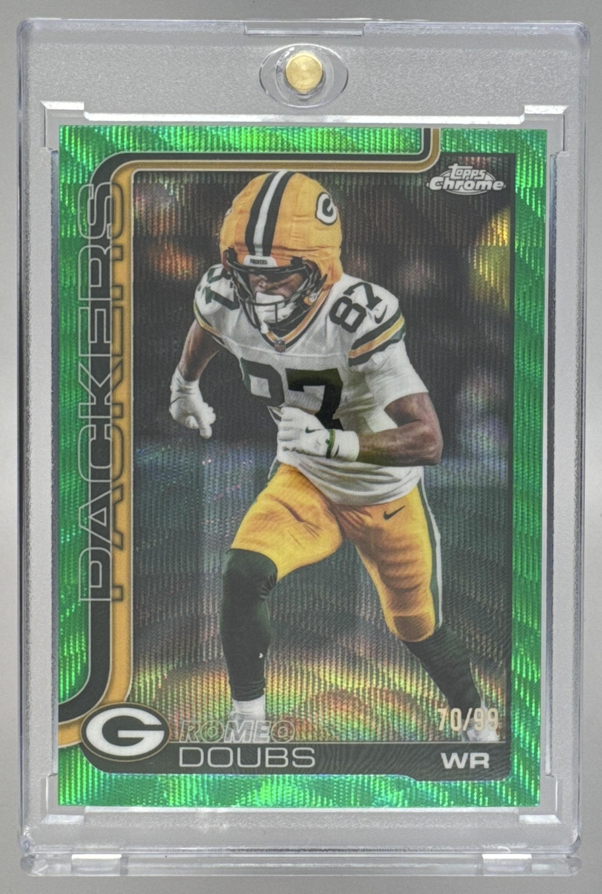Card image for 2025 Topps Football Chrome Romeo Doubs Green Lava Refractor /99 #106 Bay Packers
