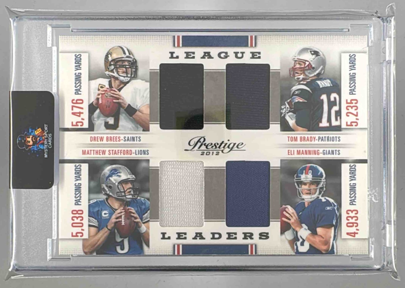 Card image for 2012 Panini Prestige Drew Brees Tom Brady Matthew Stafford Eli Manning League Leaders Materials /249 #16 MEM Lions Patriots Saints Giants