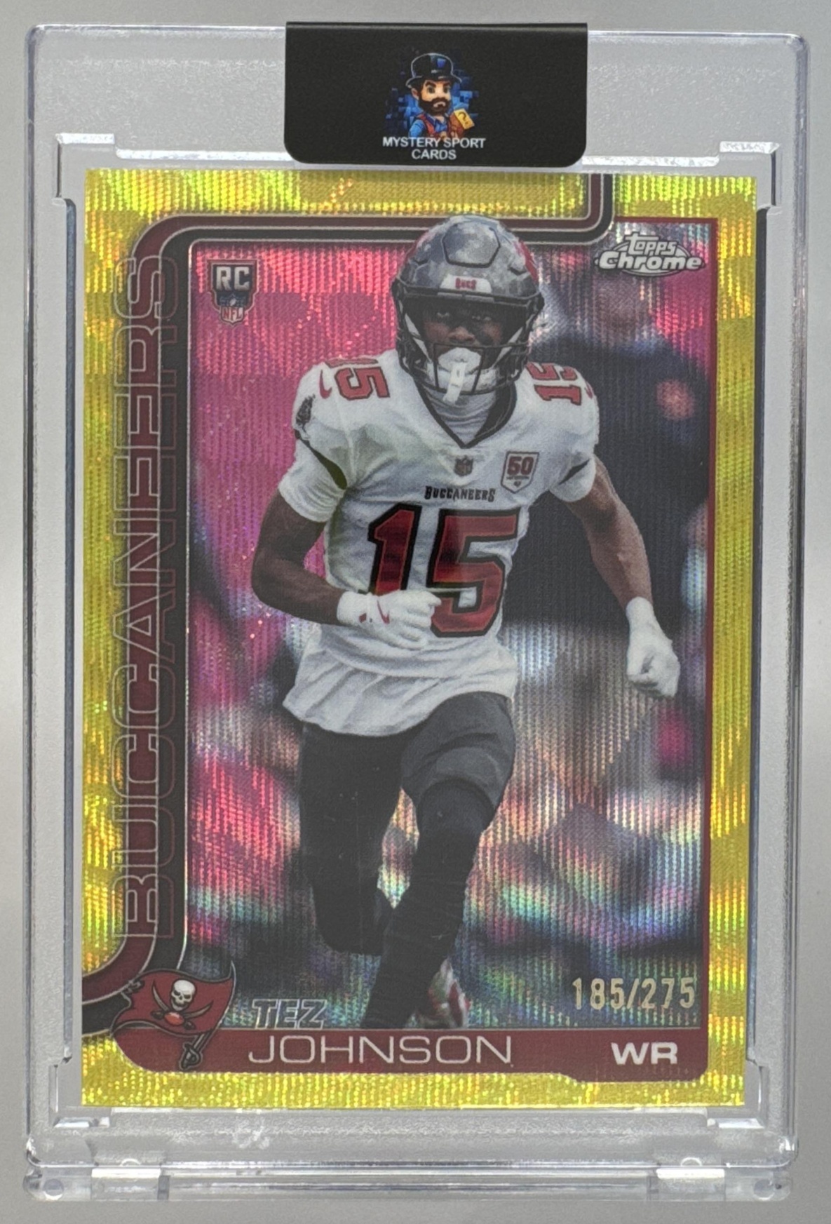 Card image for 2025 Topps Chrome Tez Johnson Rookie Yellow Wave Refractor /275 #342 RC Buccaneers