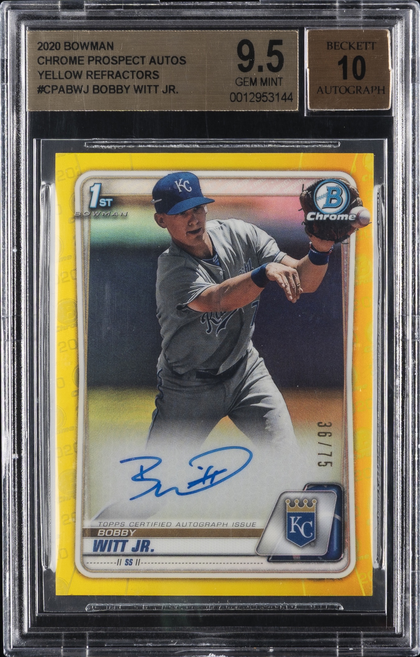 2020 Bowman Bobby Witt Jr. Chrome Auto Yellow Refractor /75 #CPA-BWJ BGS 9.5