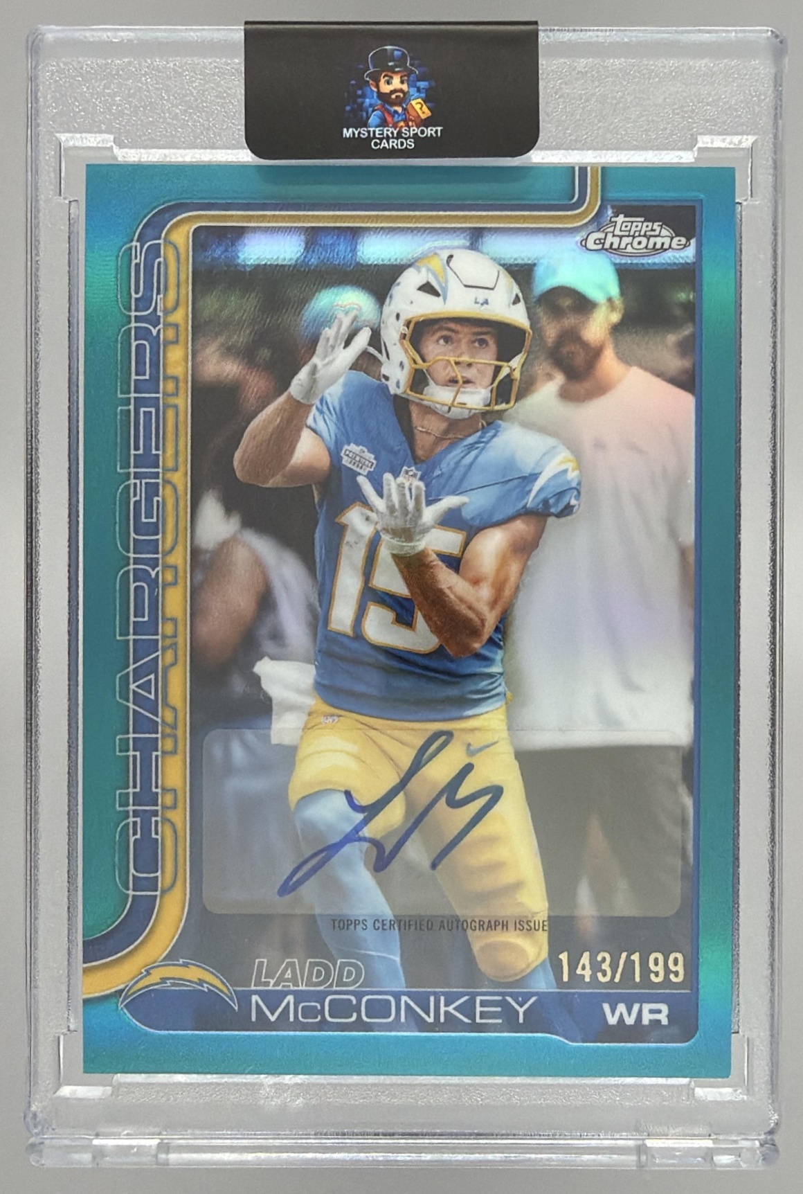 Card image for 2025 Topps Chrome Ladd McConkey Auto Aqua Refractor /199 #BA-LM Chargers