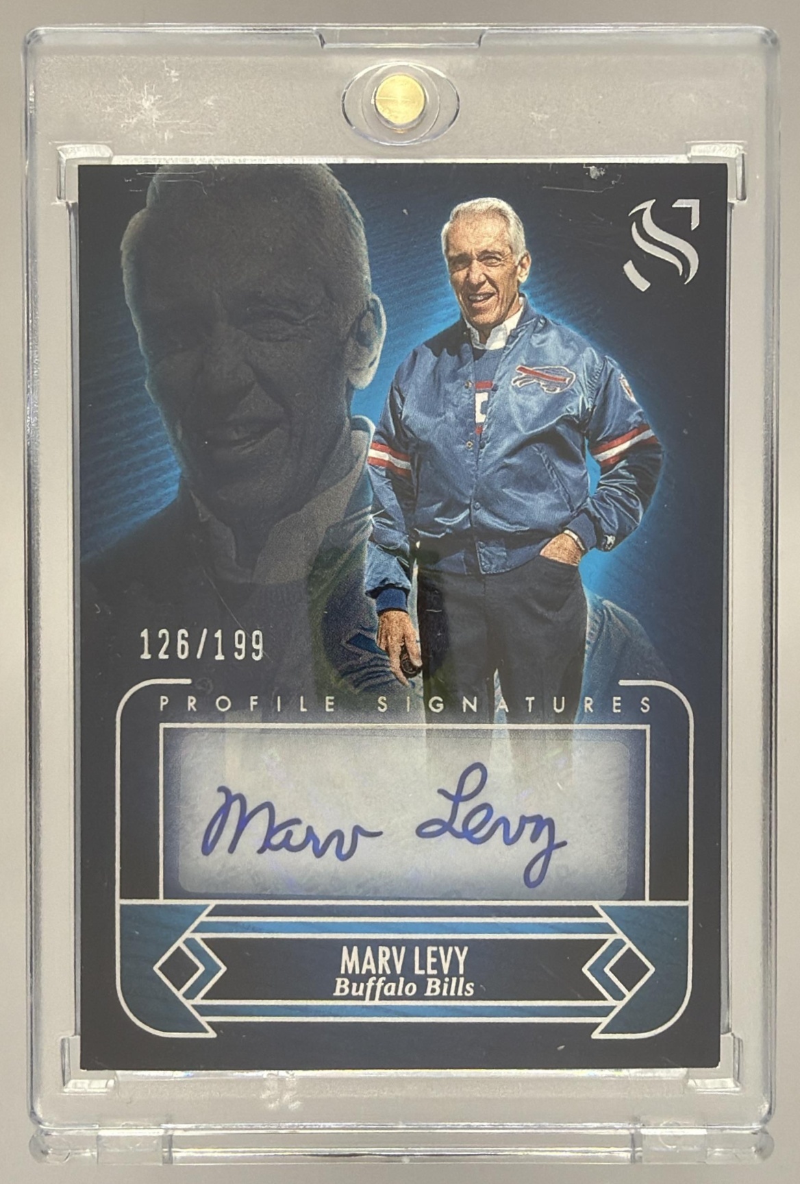 Card image for 2025 Panini Silhouette Marv Levy Profile Signatures /199 #14 Auto Bills
