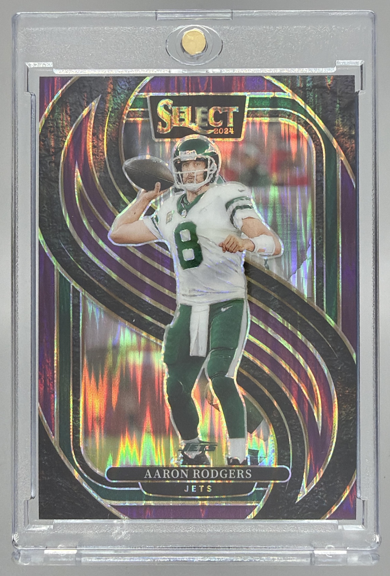 Card image for 2024 Panini Select Aaron Rodgers Premier Purple Prizm Shock /360 #126 Jets