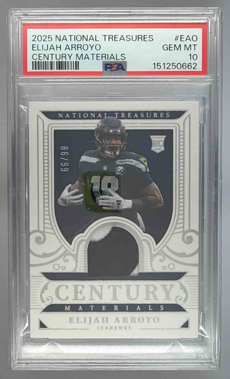Card image for 2025 Panini National Treasures Elijah Arroyo Century Materials /99 #CM-EAO MEM RC Seahawks