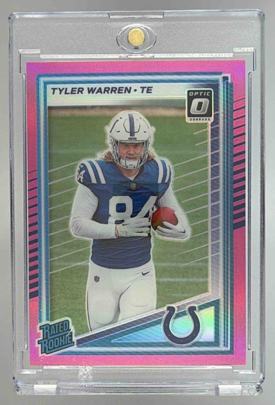 Card image for 2025 Panini Donruss Optic Tyler Warren First Year Fresh #FYFBH-TWN MEM RC Colts