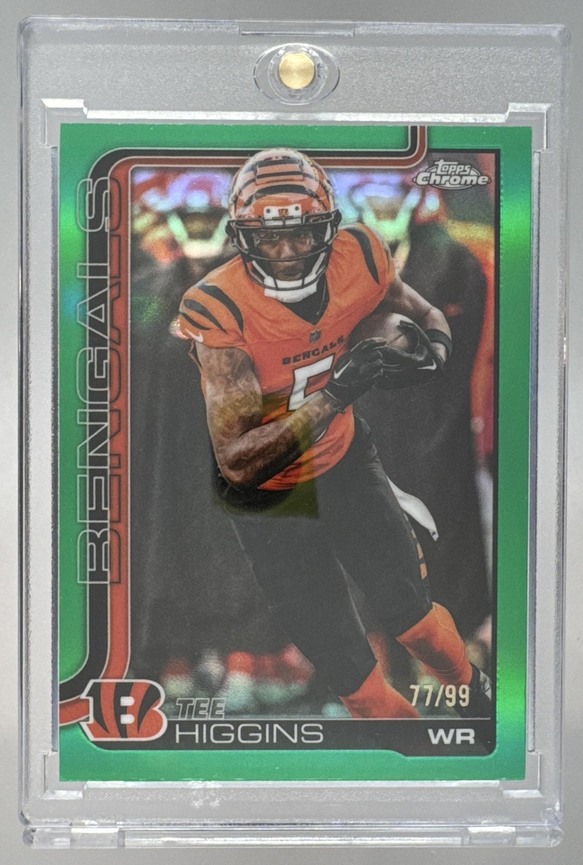 Card image for 2025 Topps Chrome Tee Higgins Football Leather Green Refractor /99 #59 Bengals