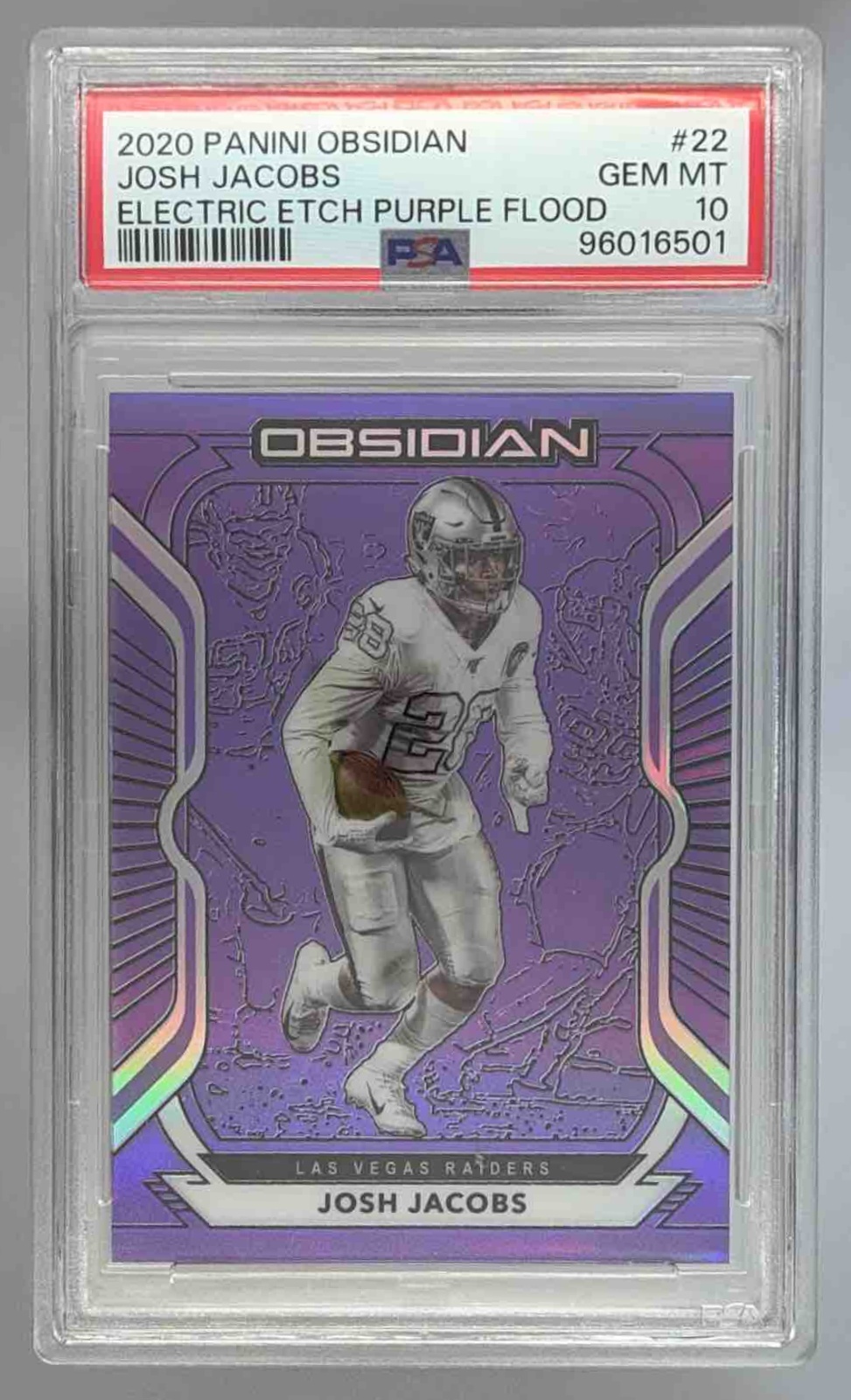 Card image for 2020 Panini Obsidian Josh Jacobs Electric Etch Purple Flood /16 #22 Raiders