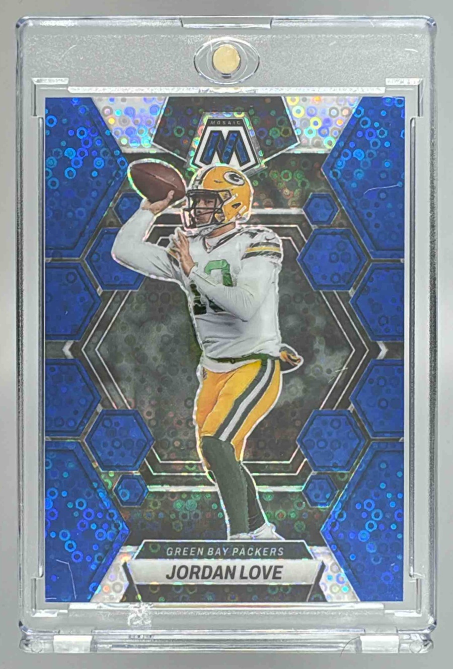 Card image for 2023 Panini Mosaic Jordan Love Blue No Huddle Mosaic Prizm /75 #83 Packers