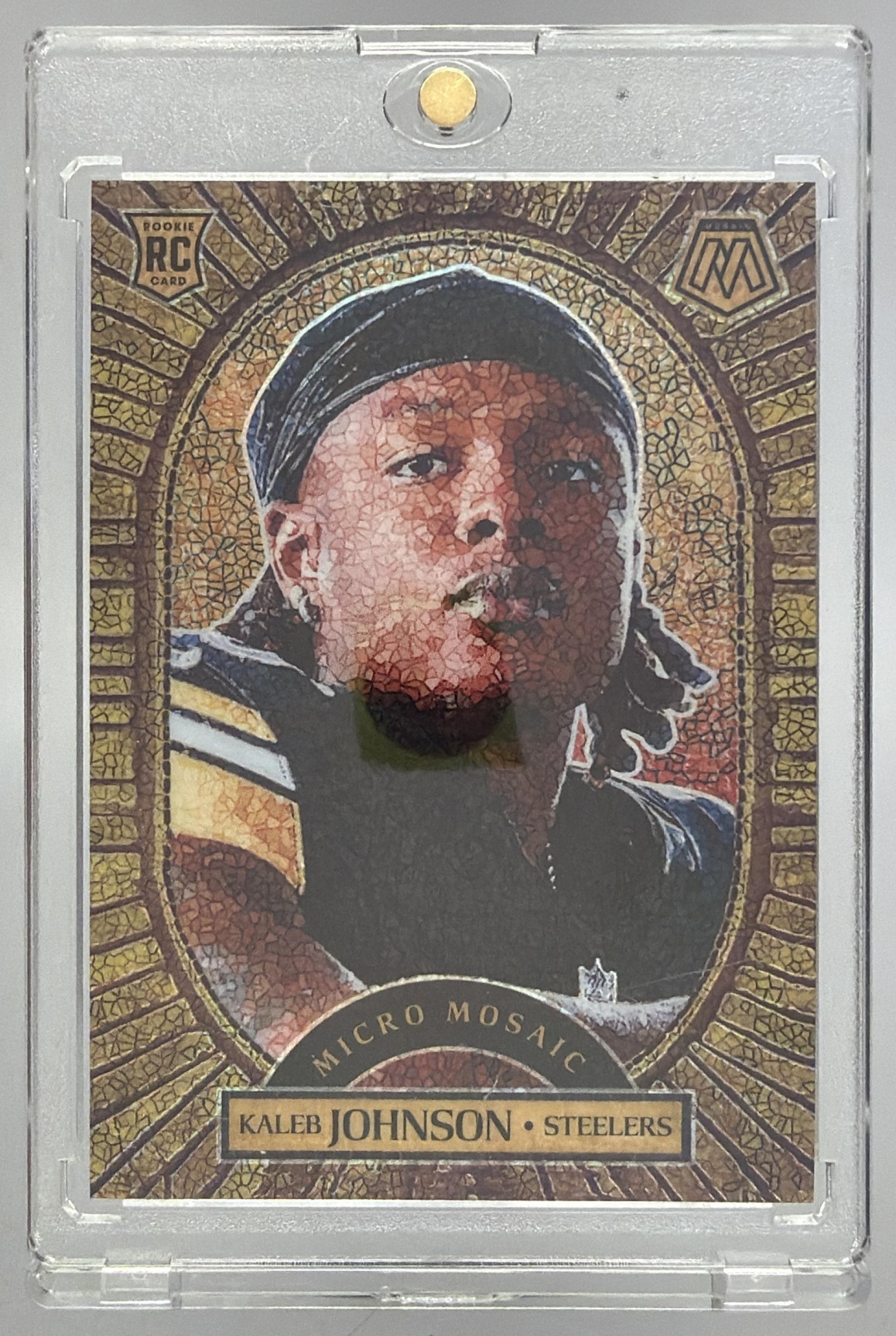 Card image for 2025 Panini Football Mosaic Kaleb Johnson Micro Mosaic #4 RC Pittsburgh Steelers