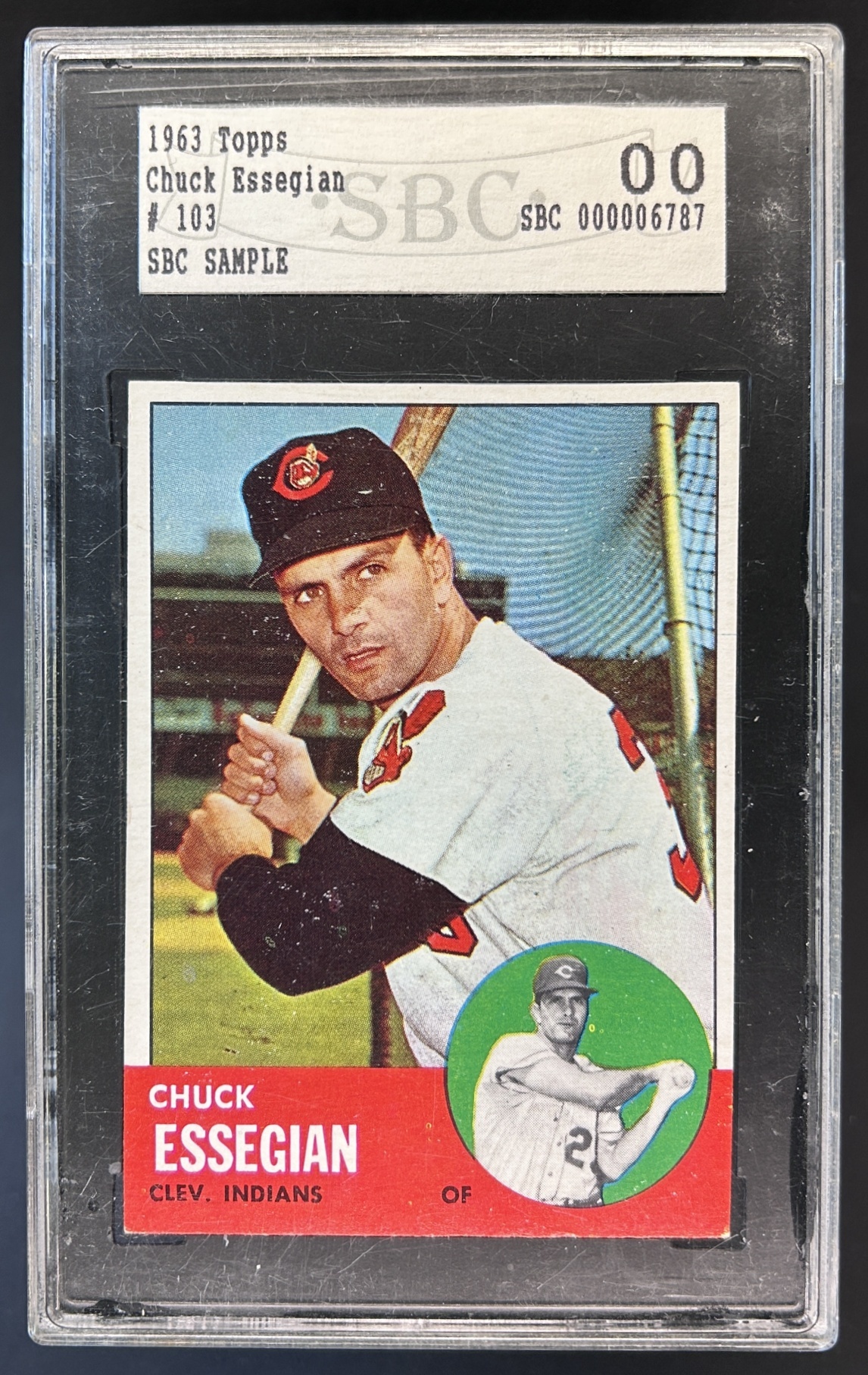 Card image for 1963 TOPPS CHUCK ESSEGIAN #103 SBC SAMPLE OF THEIR GRADING SLAB. CARD UNGRADED. LOOKS EX/MT CLEVELAND INDIANS