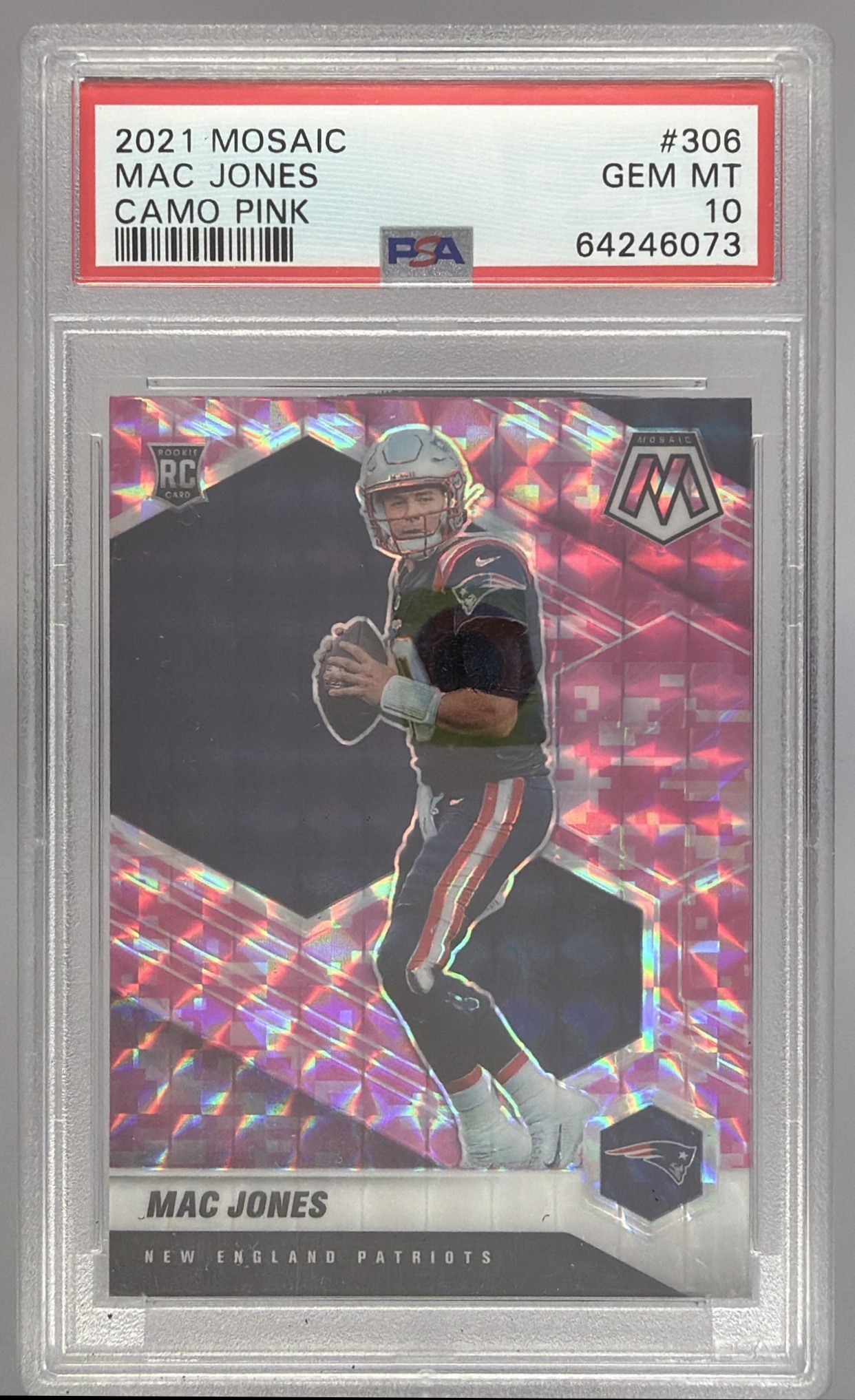 Card image for 2021 Panini Mosaic Mac Jones Prizm Camo Pink #306 RC Patriots