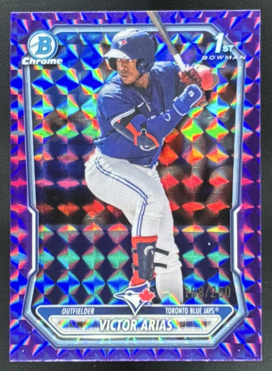 Card image for 2026 Bowman Victor Arias Chrome Purple Geometric Refractor /250 1st Prospect