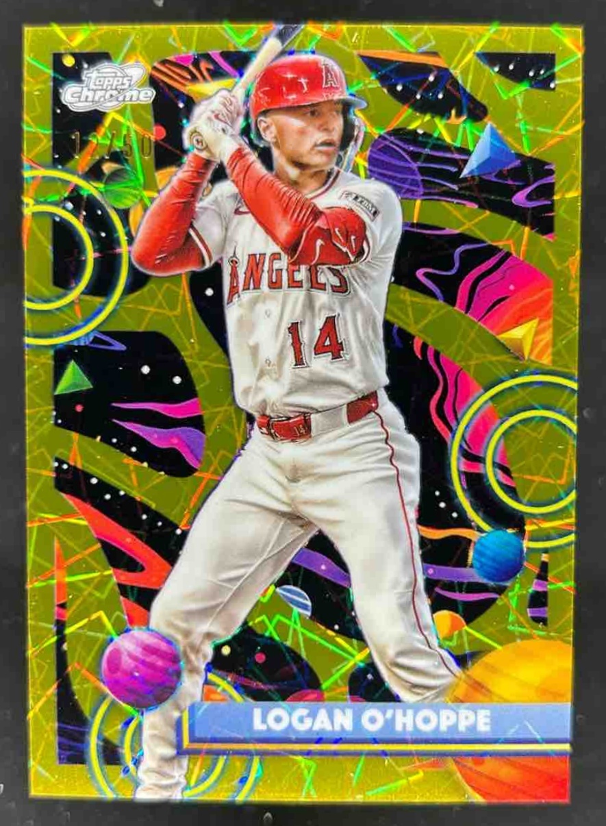 Card image for Logan O'Hoppe 2025 Topps Baseball Cosmic Chrome Gold Interstellar Refractor /50