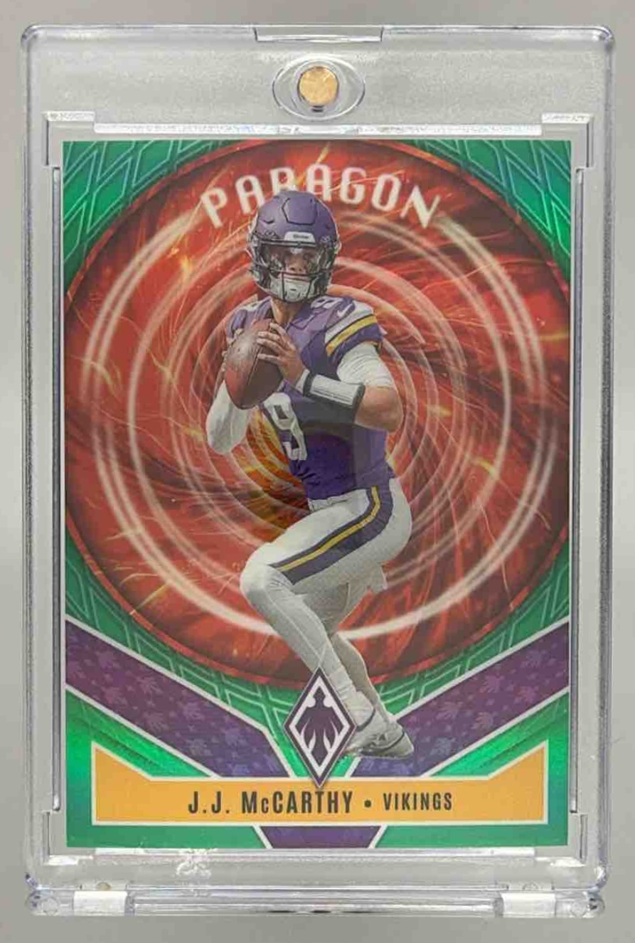 Card image for 2025 Panini Phoenix J.J. McCarthy Paragon Green Prizm /99 #8 Vikings