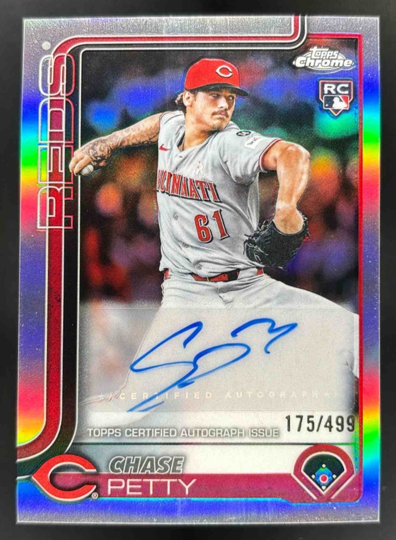 Card image for 2025 Topps Chrome Update Chase Petty Auto Refractor /499 #AC-CPE RC Reds