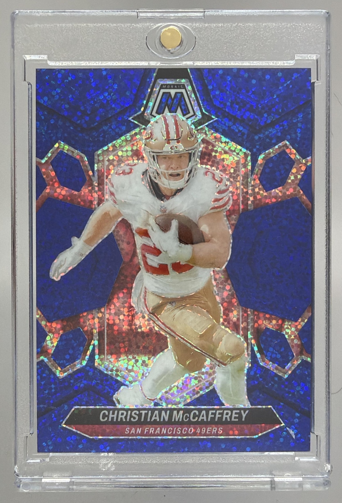 Card image for 2024 Panini Mosaic Christian McCaffrey Blue Sparkle Prizm /96 #191 49ers