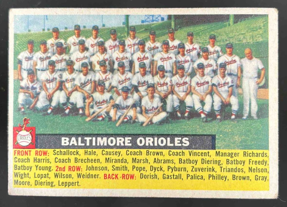 Card image for 1956 TOPPS VAR: WITH DATE; WHITE BACK</FIGCAPTION> #100A BALTIMORE ORIOLES