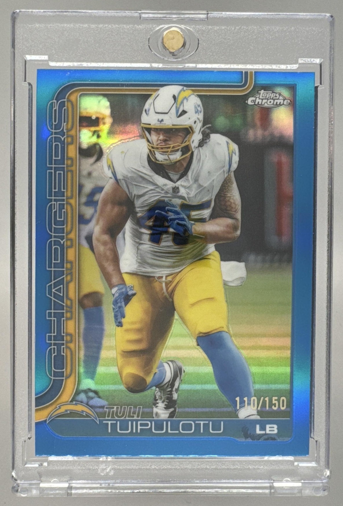 Card image for 2025 Topps Chrome Tuli Tuipulotu Blue Wave Refractor /150 #163 Chargers