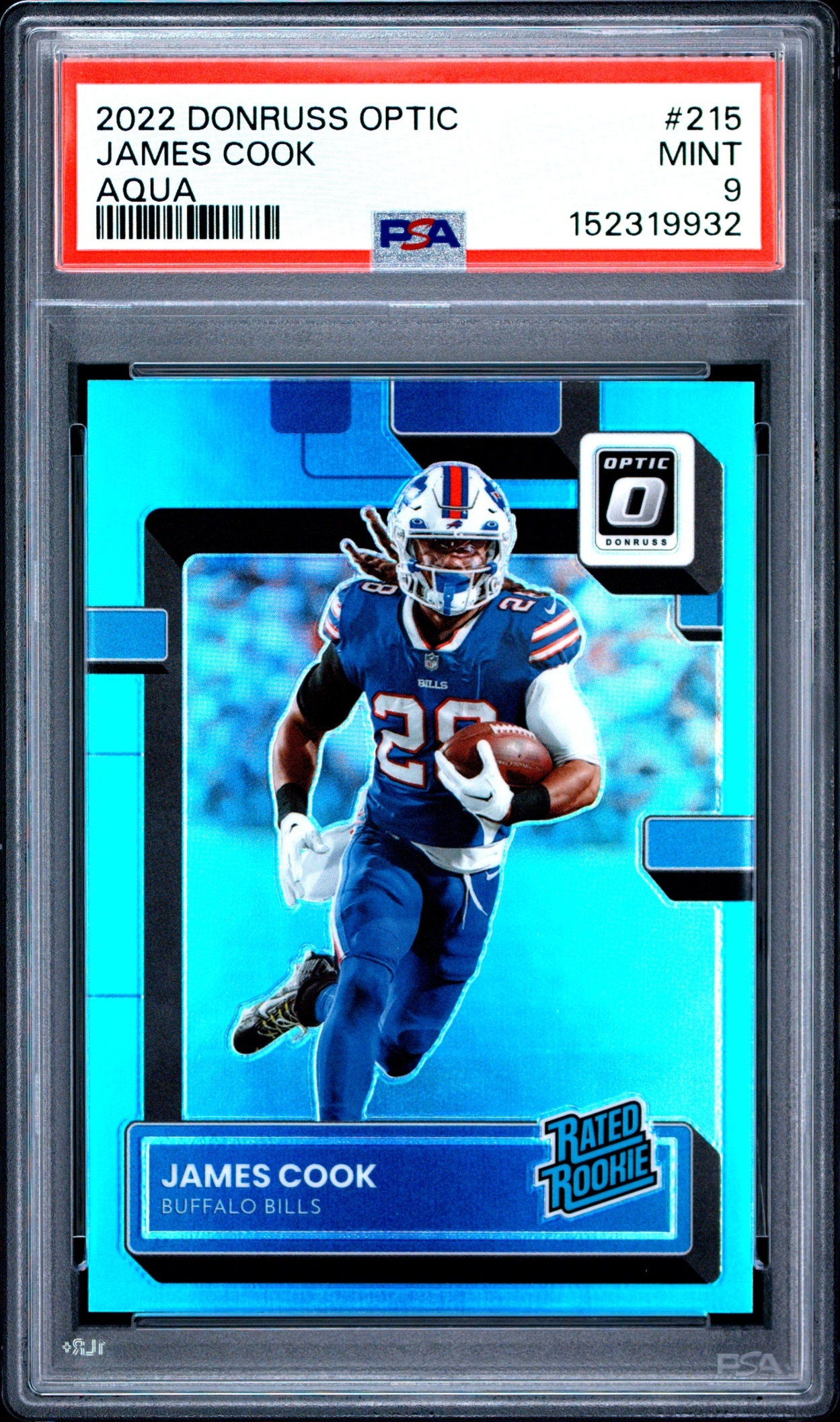 Card image for 2022 Panini Donruss Optic James Cook Aqua /299 #215 RC Rated Rookie Bills