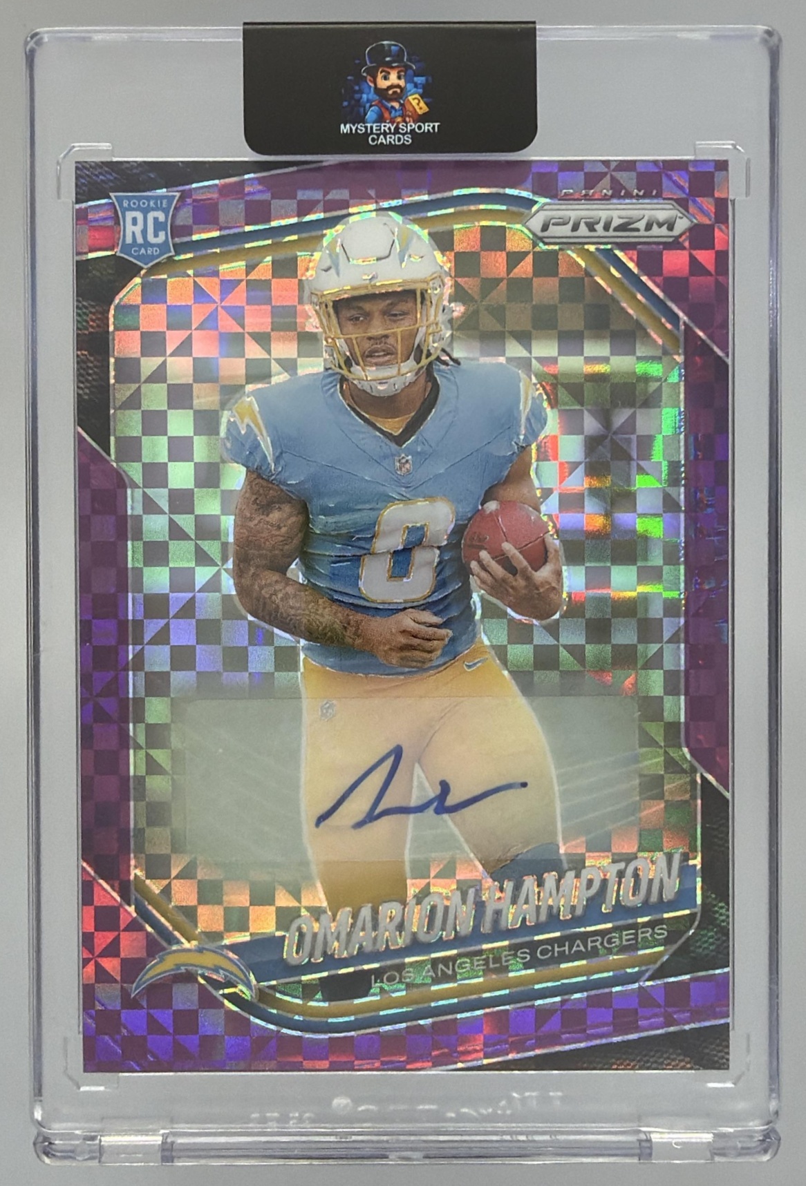 Card image for 2025 Panini Prizm Omarion Hampton Rookie Auto Purple Power /49 #355 RC Chargers