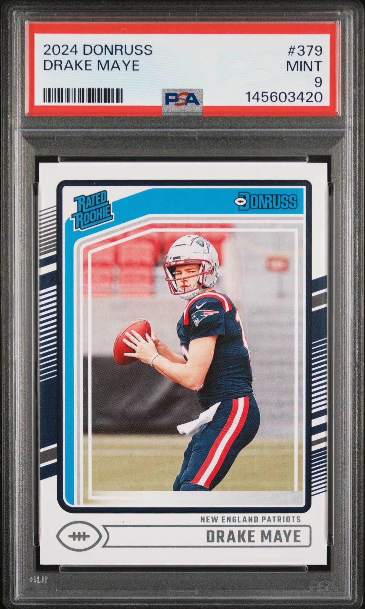 Card image for 2024 Panini Donruss Drake Maye #379 RC Rated Rookie Patriots