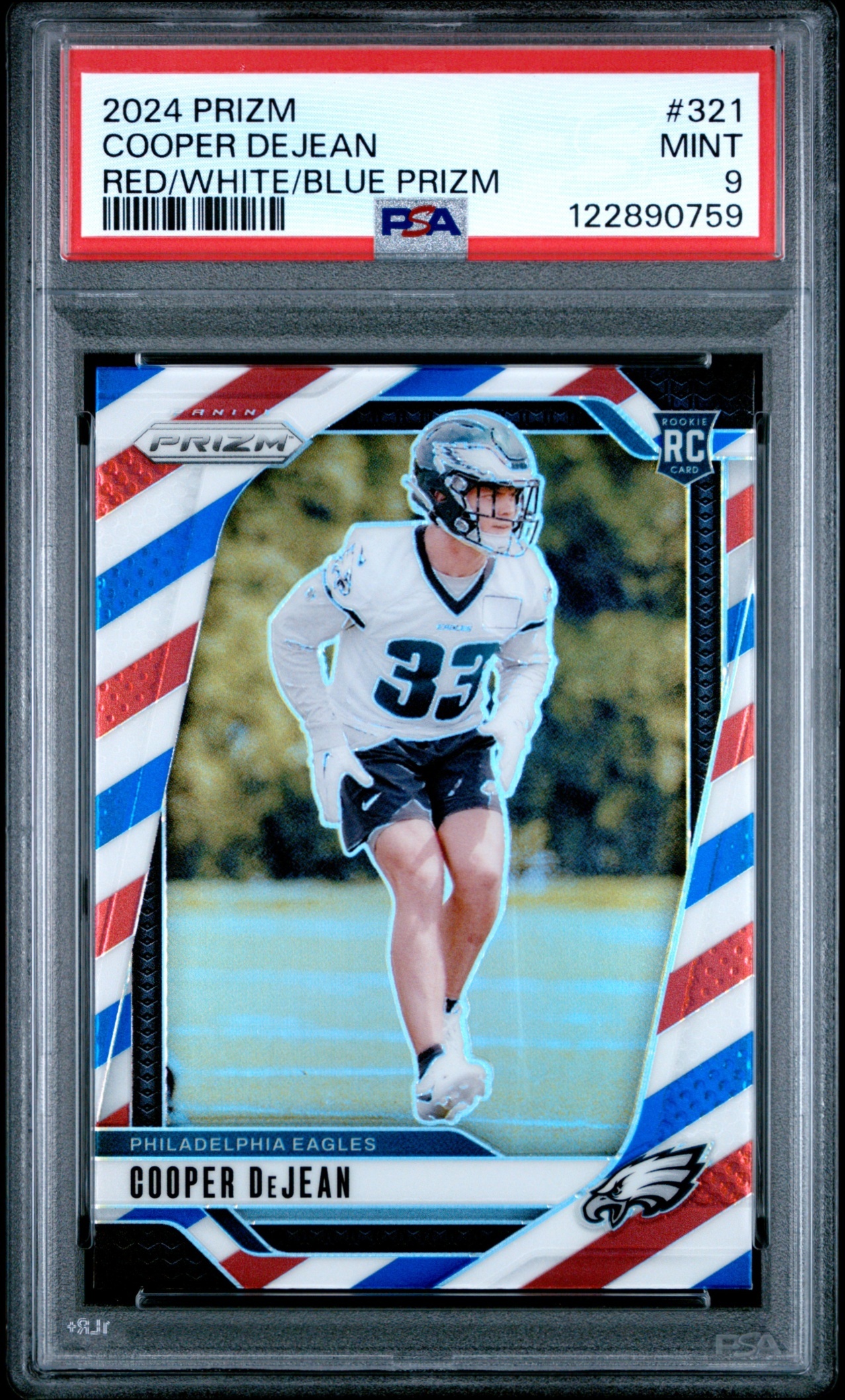 Card image for 2024 Panini Prizm Cooper DeJean Red White and Blue #321 RC Eagles
