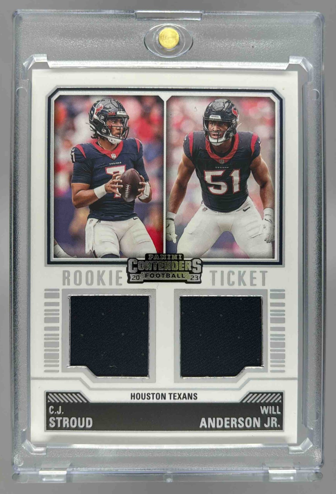 Card image for 2023 Panini Contenders C.J. Stroud Will Anderson Jr. Rookie Ticket Dual Swatches #DS-5 MEM RC Texans