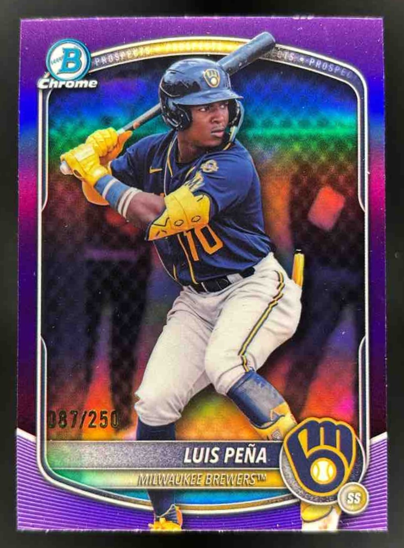 Card image for 2025 Bowman Draft Luis Pena Chrome Purple Refractor /250 #BDC-105 Brewers