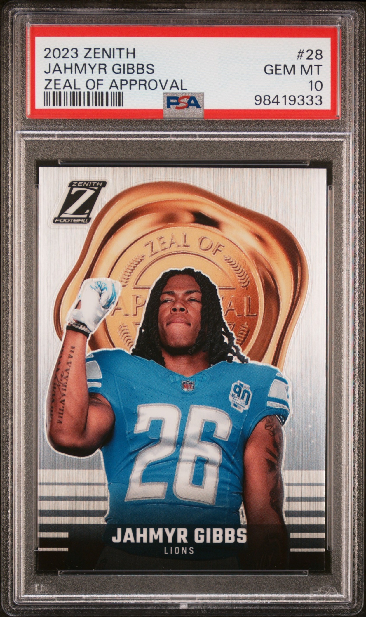 Card image for 2023 Panini Football Zenith Jahmyr Gibbs Zeal of Approval #28 RC Detroit Lions