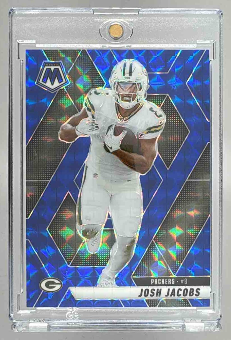 Card image for 2025 Panini Football Mosaic Josh Jacobs Blue Prizm /99 #156 Green Bay Packers