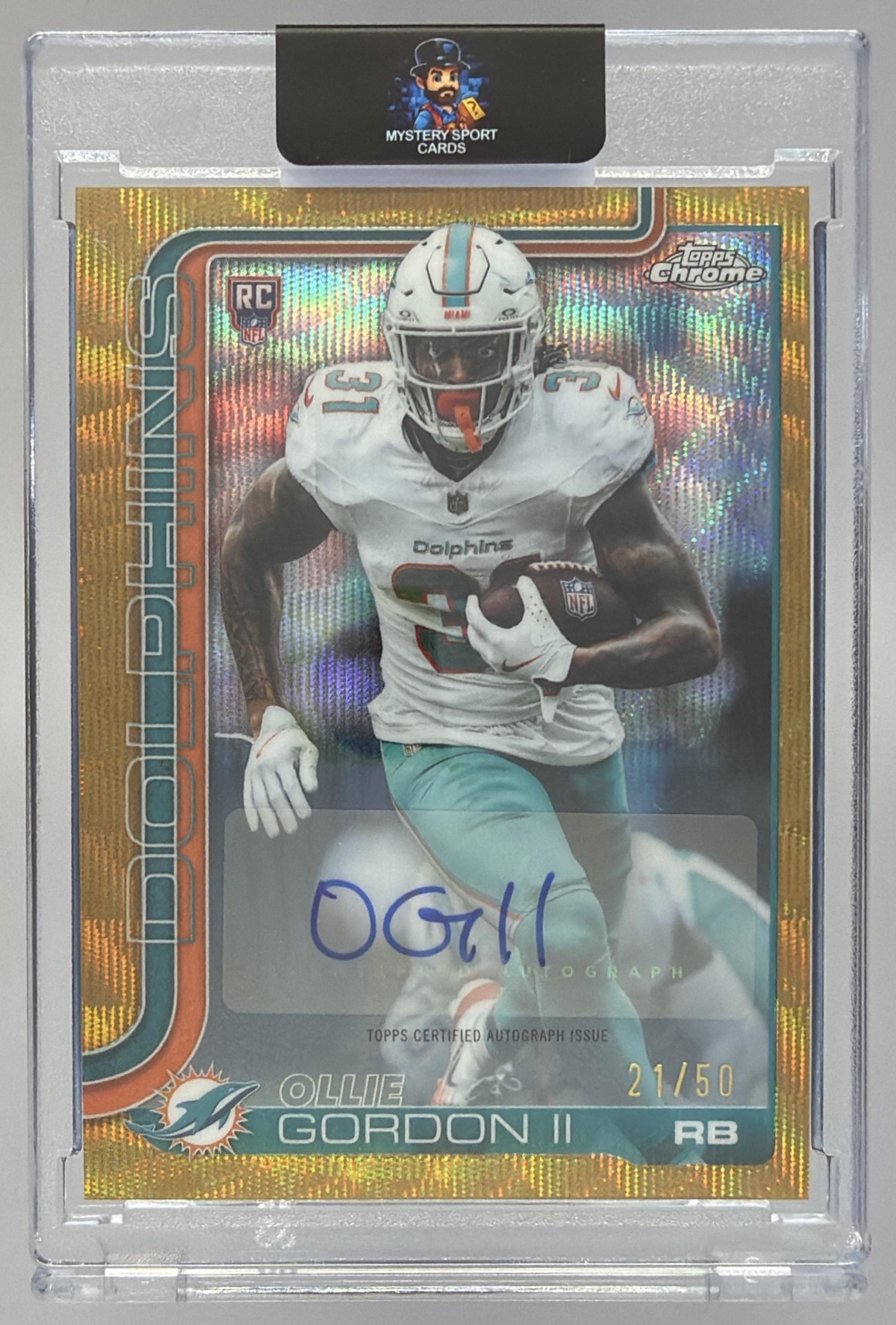 Card image for 2025 Topps Chrome Ollie Gordon II Rookie Auto Gold Refractor /50 #RA-OG RC Dolphins