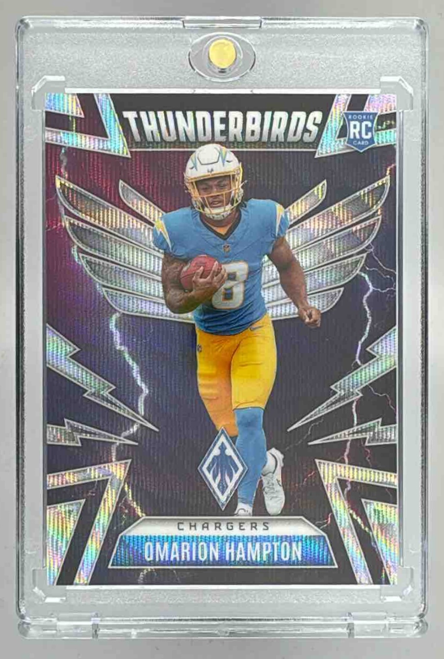 Card image for 2025 Panini Phoenix Omarion Hampton Thunderbirds Wave Prizm /299 #28 RC Chargers