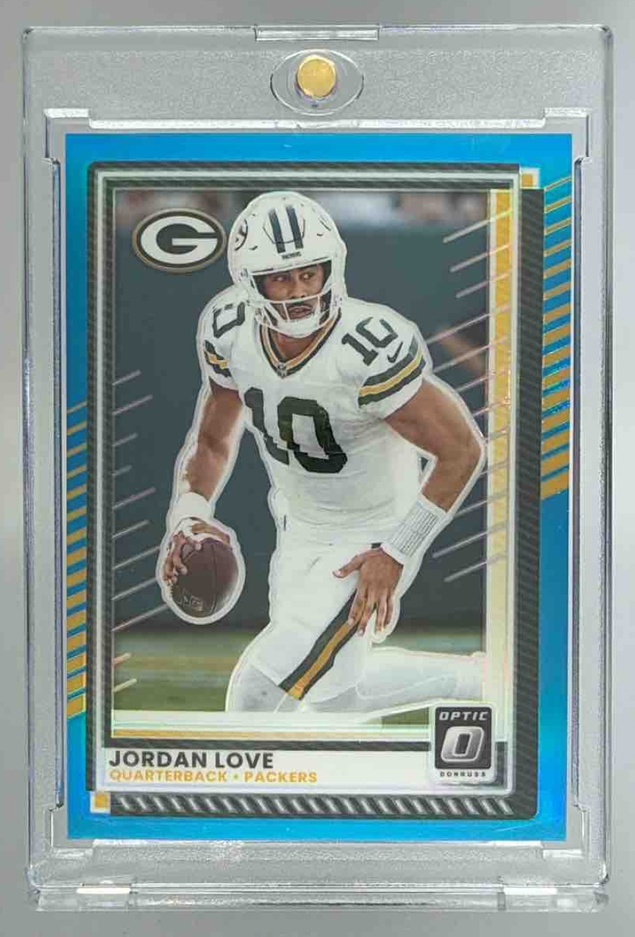 Card image for 2025 Panini Donruss Optic Jordan Love Aqua Prizm /349 #177 Packers