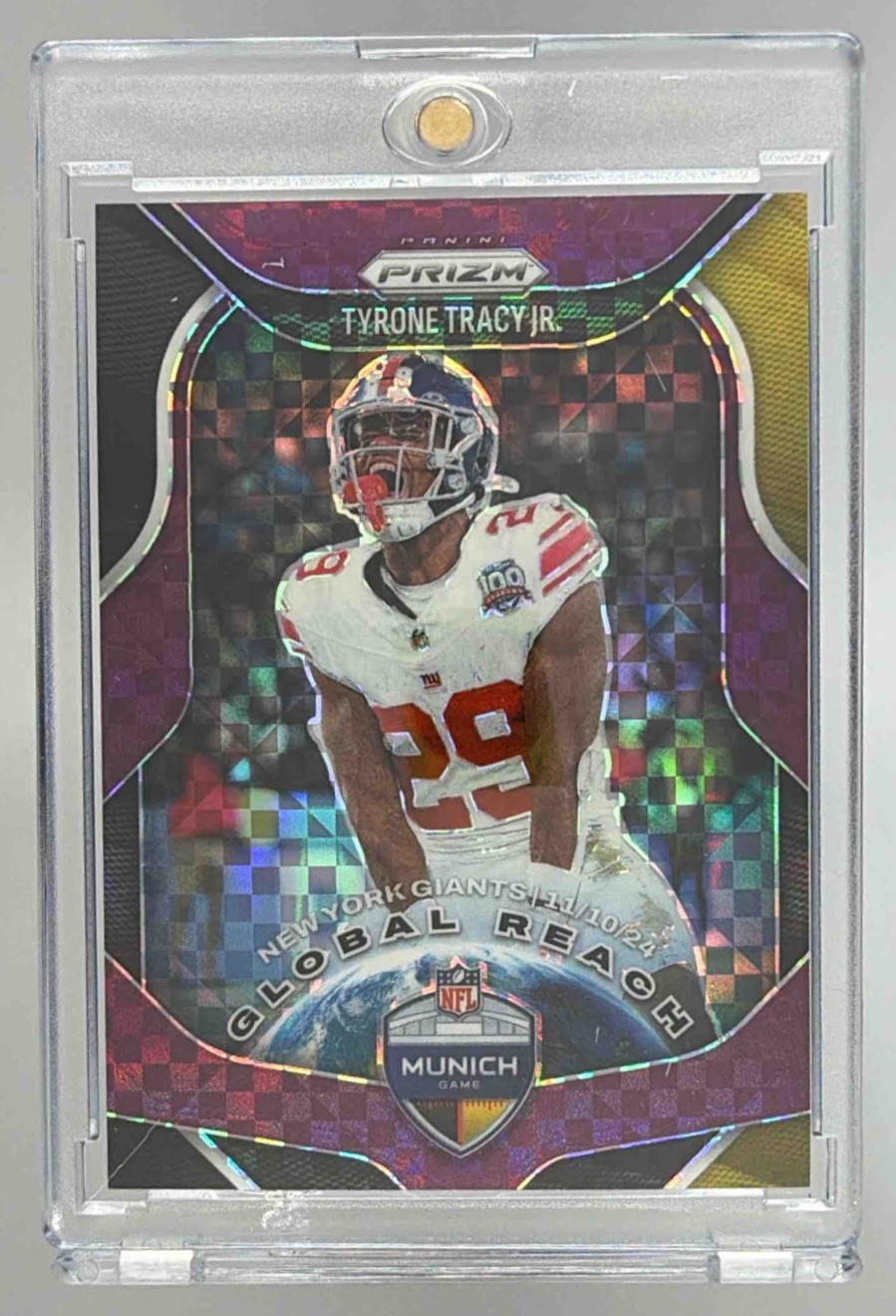 Card image for 2025 Panini Prizm Tyrone Tracy Jr. Global Reach Purple Power /49 #10 Giants