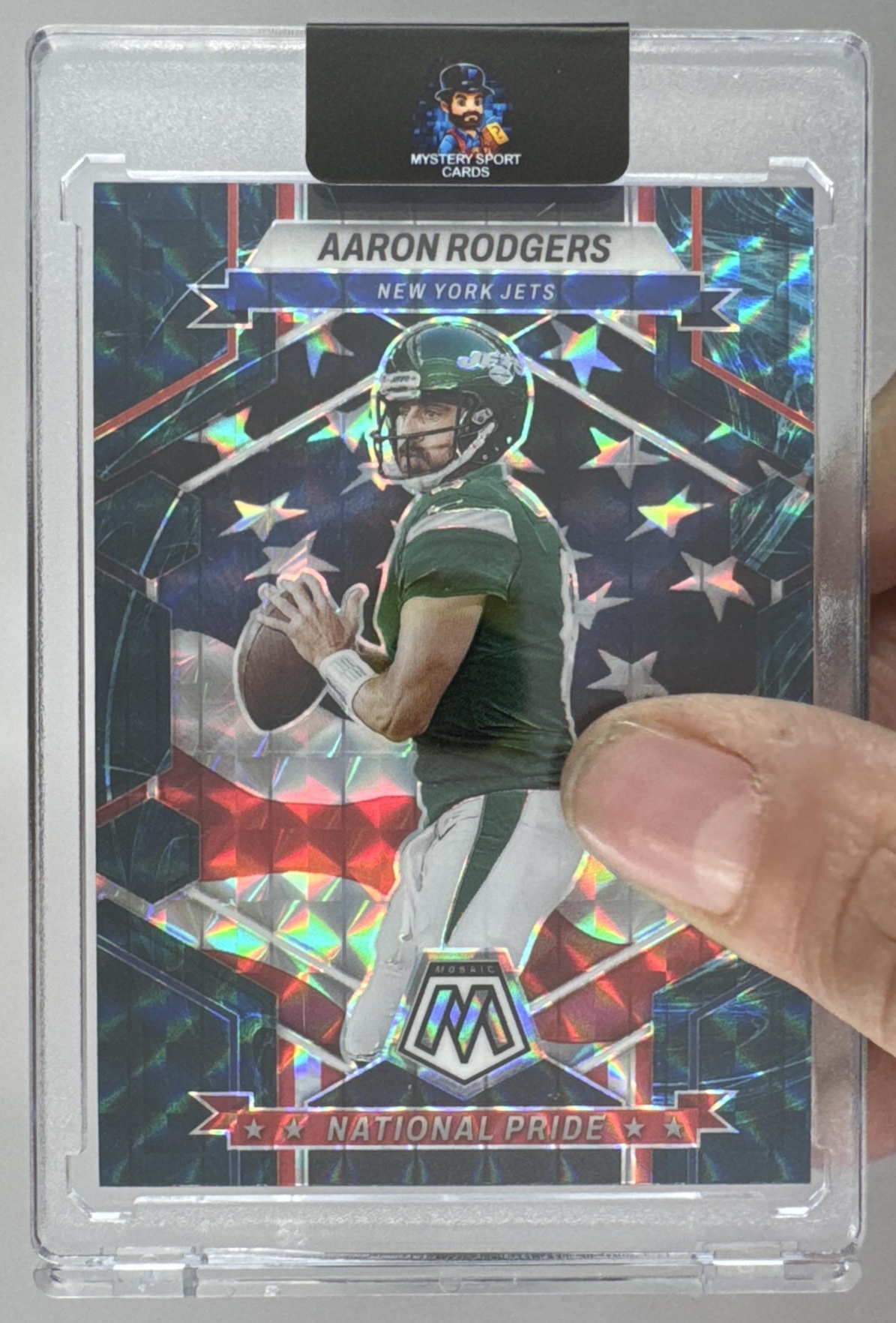 Card image for 2023 Panini Football Mosaic Aaron Rodgers #253 National Pride New York Jets