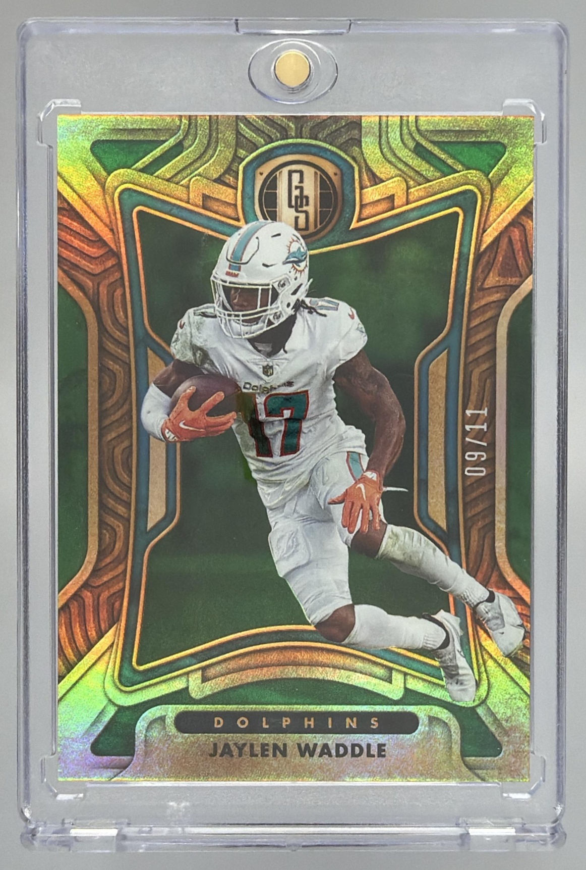 Card image for 2022 Panini Football Gold Standard Jaylen Waddle Emerald /11 #76 Miami Dolphins