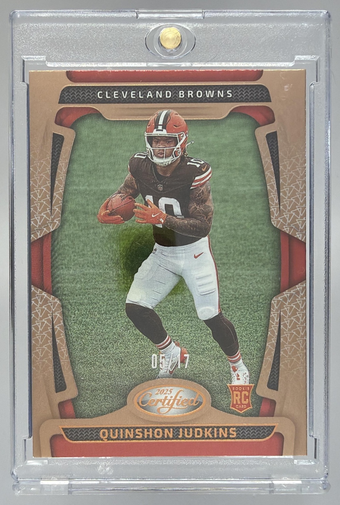 Card image for 2025 Panini Certified Quinshon Judkins Rookies Mirror Bronze FOTL /17 #121 RC Browns