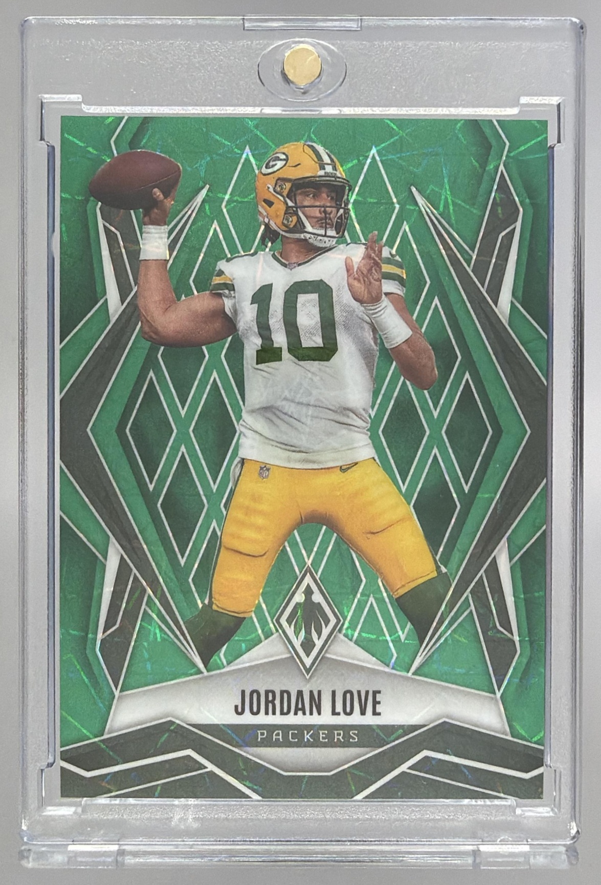 Card image for 2025 Panini Football Phoenix Jordan Love Green Lazer Prizm /49 #117 Bay Packers