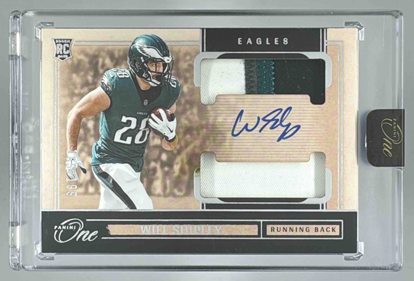 Card image for 2024 Panini One Will Shipley Rookie Dual Patch Auto /199 #48 RC MEM Eagles