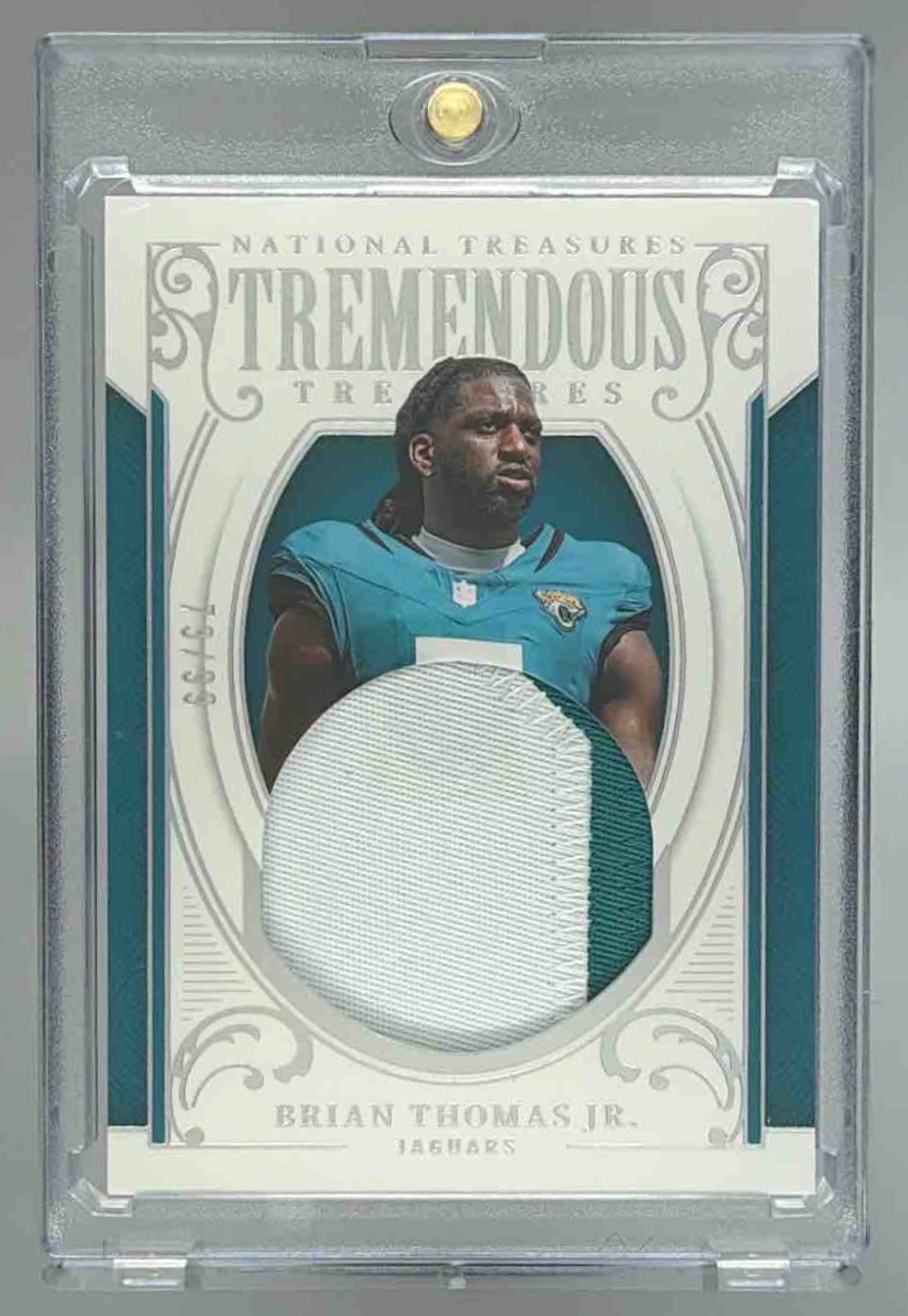 Card image for 2025 Panini National Treasures Brian Thomas Jr. Tremendous /99 #TT-BTJ MEM Jaguars