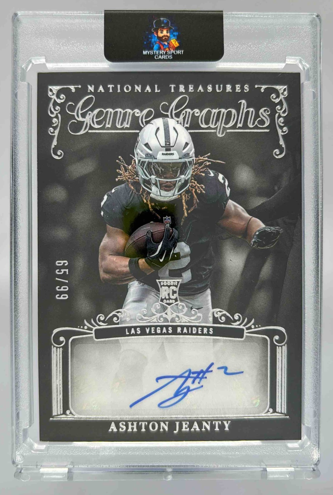 Card image for 2025 Panini National Treasures Ashton Jeanty Genre Graphs Auto /99 #GG-AJY RC Raiders