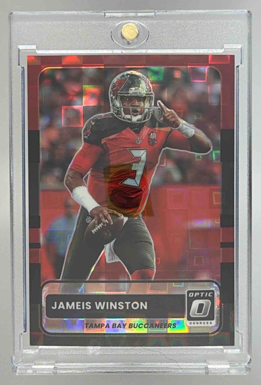 Card image for 2025 Panini Donruss Optic Jameis Winston 2015 Retro Black Pandora Prizm /149 #19 Buccaneers